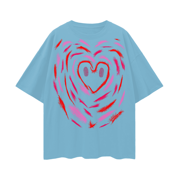 tee shirt valentines day themed blue and red and pink shaping a heart all heart